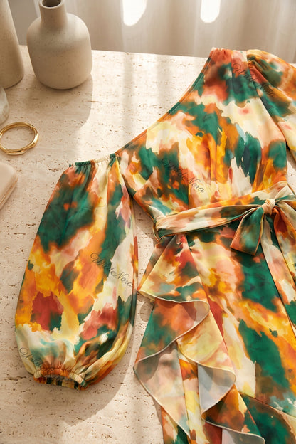 Orange Chiffon One-Shoulder Mermaid Dress with Asymmetrical Ruffles and Watercolor Print orange, green, yellow, cream chiffon dress - product view 7
