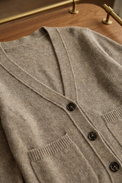 Taupe Fine-Knit Wool or Cashmere Blend Cardigan with Bell Sleeves taupe, melange beige fine knit wool or cashmere blend cardigan - product view 7