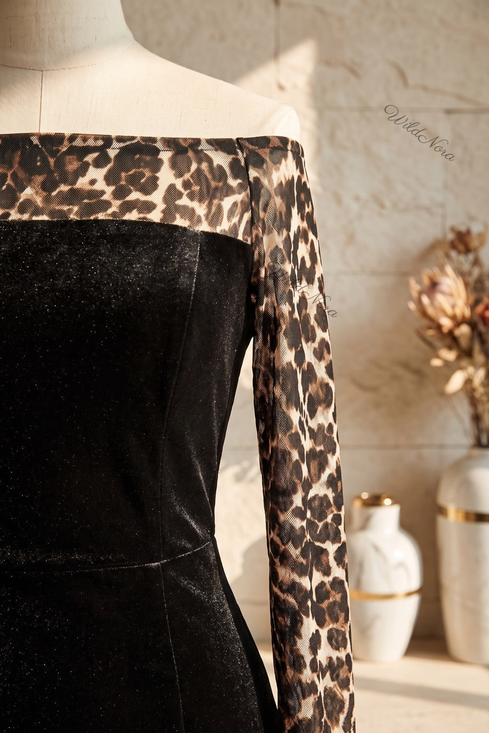 Black Velvet Off-the-Shoulder Sheath Dress with Leopard Print Sleeves black velvet dress - product view 7