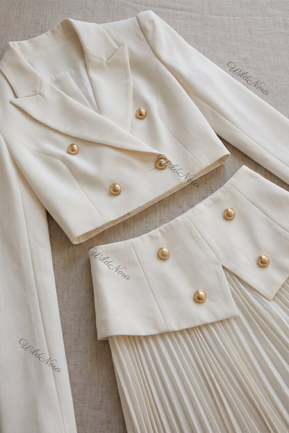 Off-White Two-Piece Set - Structured Cropped Blazer with Pleated Maxi Skirt Off-white, Cream Structured crepe suiting fabric Two-piece set (cropped blazer and maxi skirt) - product view 7