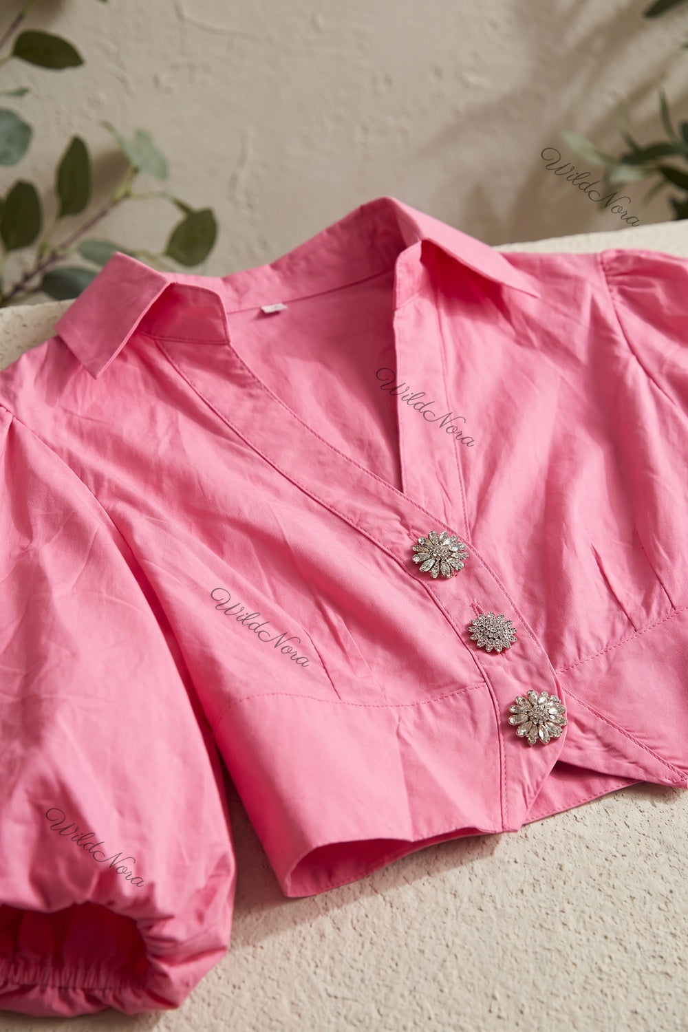 Pink Cotton Poplin Cropped Blouse with Voluminous Puff Sleeves pink cotton poplin cropped blouse - product view 7