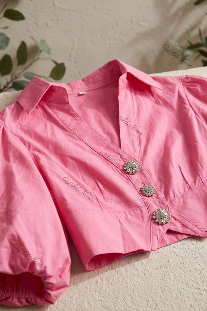 Pink Cotton Poplin Cropped Blouse with Voluminous Puff Sleeves pink cotton poplin cropped blouse - product view 7