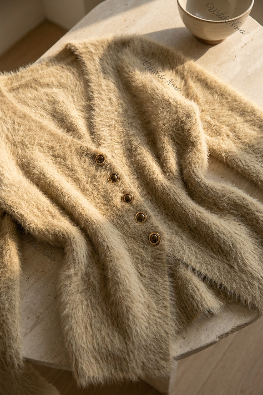 Beige Eyelash Knit / Mohair Blend Fitted Cardigan beige, camel eyelash knit / mohair blend cardigan - product view 7