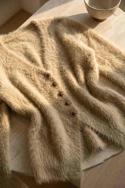 Beige Eyelash Knit / Mohair Blend Fitted Cardigan beige, camel eyelash knit / mohair blend cardigan - product view 7