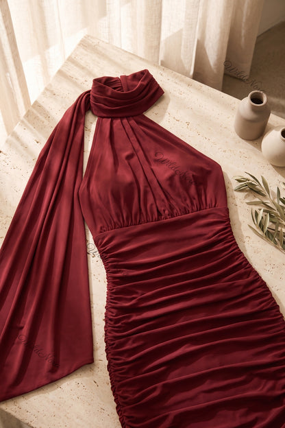 Burgundy Ruched Halter Bodycon Midi Dress burgundy stretch jersey dress - product view 7