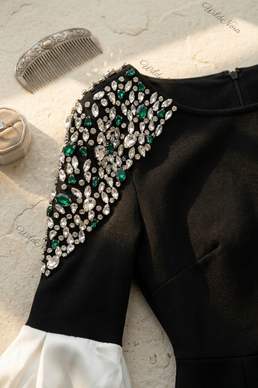 Black Column Evening Gown with Crystal Shoulders & White Puff Sleeves black heavy matte crepe evening gown - product view 7