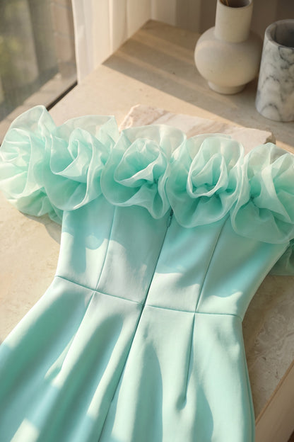 Mint Green Off-The-Shoulder Mermaid Midi Dress with Organza Ruffles mint green structured stretch woven dress - product view 5