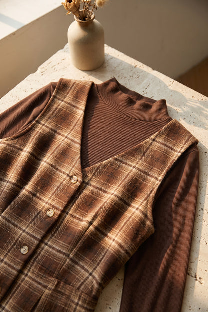 Brown Plaid Two-Piece Layered Dress Set with Belt Brown, Tan Woven plaid fabric Two-piece layered dress set - product view 7