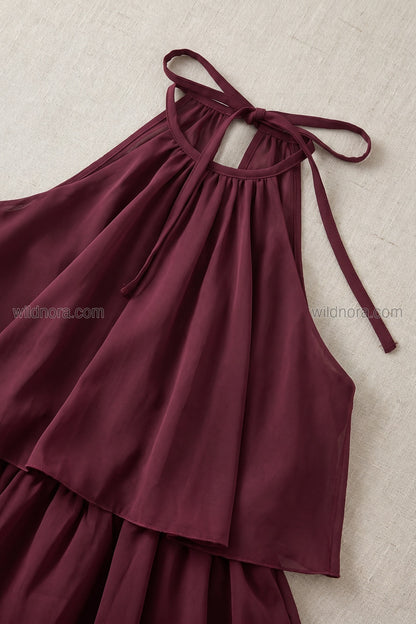 Burgundy Chiffon Tiered Ruffle Halter Romper burgundy chiffon tiered romper - product view 5