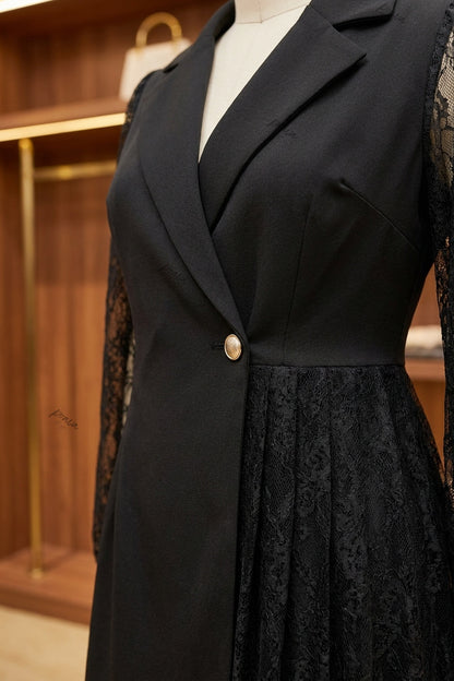 Black Structured Crepe Blazer Dress with Floral Lace Sleeves black structured woven crepe blazer dress - product view 7