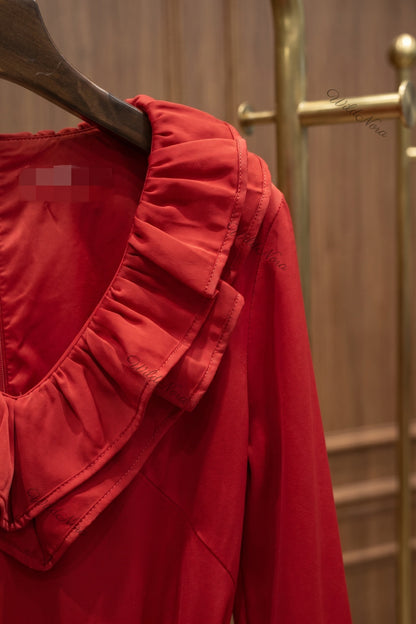 Red Double-Ruffle Fit-and-Flare Mini Dress red smooth woven polyester blend dress - product view 7