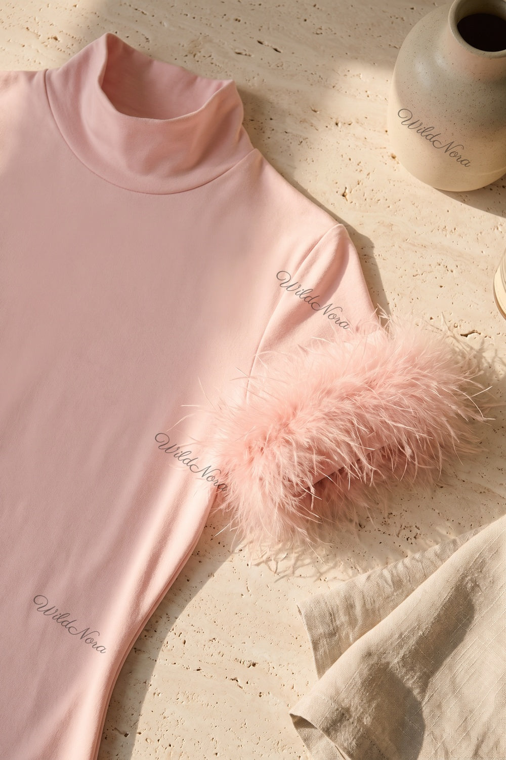 Light Pink Mock Neck Mini Dress with Feather Trim light pink stretch knit jersey dress - product view 7