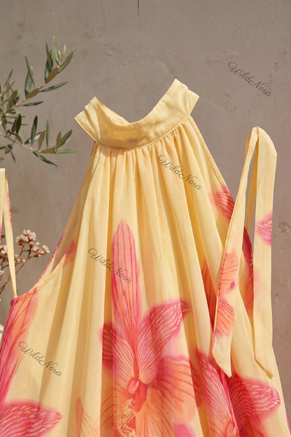 Pale Yellow Chiffon A-Line Tiered Blouson Dress with Orchid Floral Print pale yellow chiffon dress - product view 7