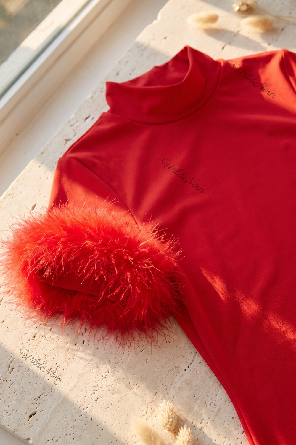 Red Stretch Knit Jersey Bodycon Mini Dress with Feather Trim red stretch knit jersey dress - product view 7