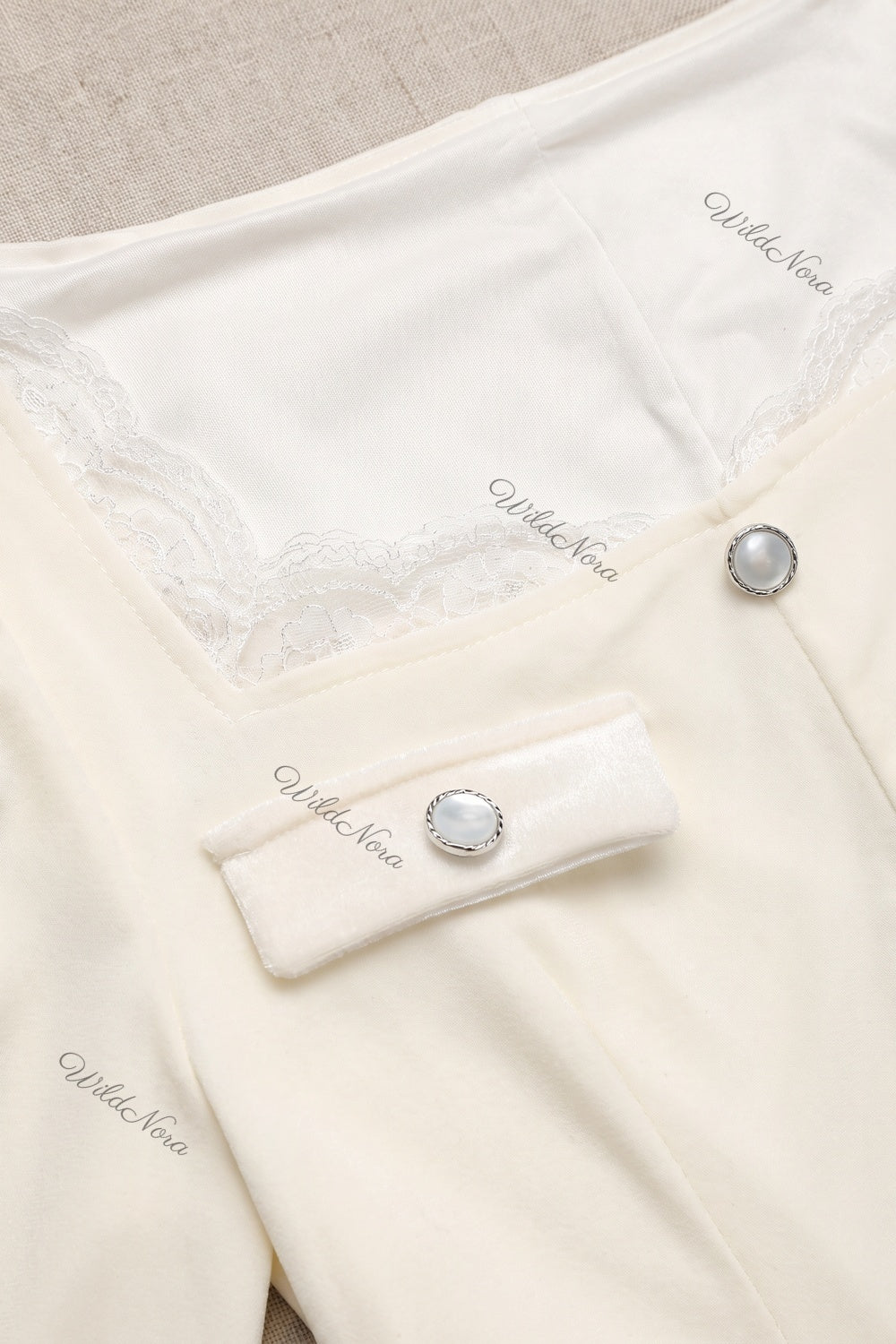 Cream A-Line Midi Dress with Lace Insert and Bishop Sleeves cream mid-weight woven crepe midi dress - product view 6