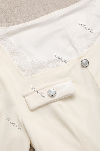 Cream A-Line Midi Dress with Lace Insert and Bishop Sleeves cream mid-weight woven crepe midi dress - product view 6