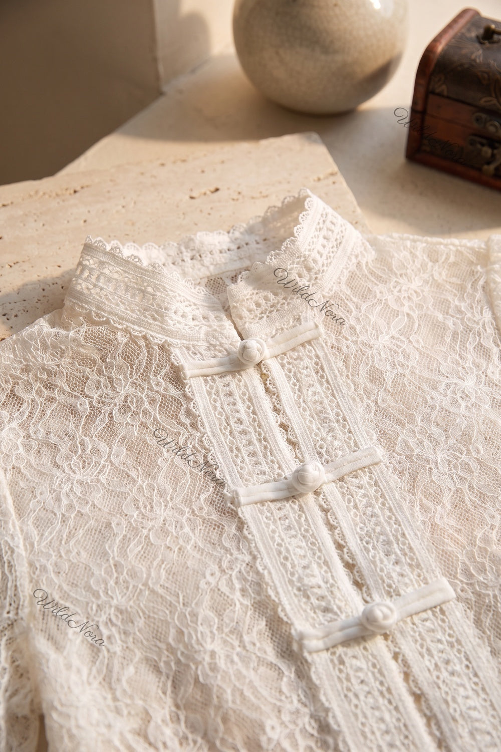 White Sheer Floral Lace Fitted Blouse white sheer floral lace blouse - product view 7