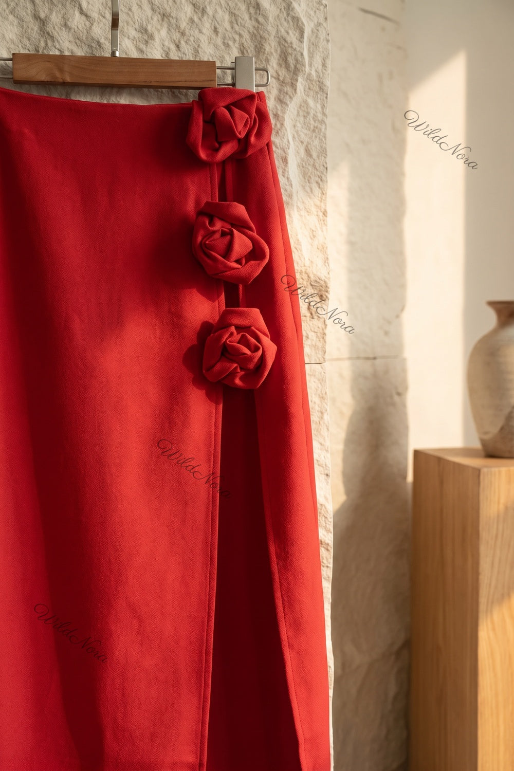 Red Structured Woven Crepe Column Skirt with Side Slit and 3D Rosettes red structured woven crepe skirt - product view 7