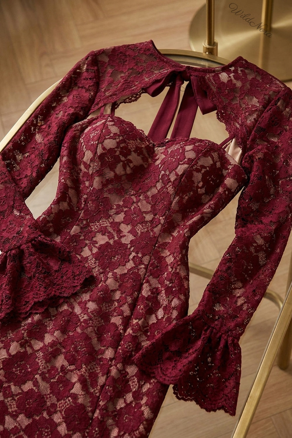 Burgundy Floral Lace Mermaid Gown burgundy floral lace gown - product view 7