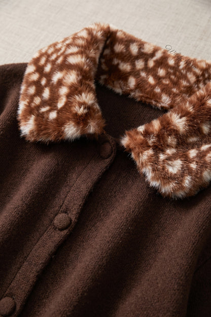 Dark Brown Box Knit Cardigan with Fawn-Spotted Faux Fur Trim dark brown fine knit cardigan - product view 7