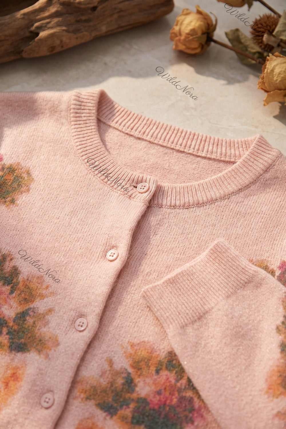 Dusty Pink Fine-Gauge Knit Cardigan with Watercolor Floral Print dusty pink fine-gauge knit cardigan - product view 7