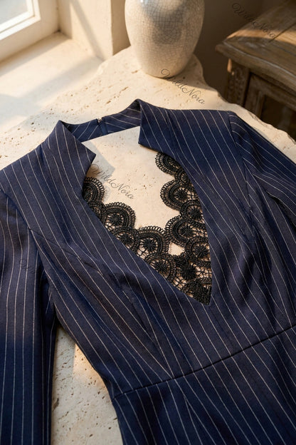 Navy Blue Pinstripe Sheath Dress With Lace Keyhole Cutout navy blue structured woven suiting dress - product view 7
