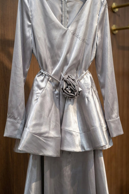 Silver Satin Peplum Top with Flared Maxi Skirt Two-Piece Set silver satin two-piece set - product view 7