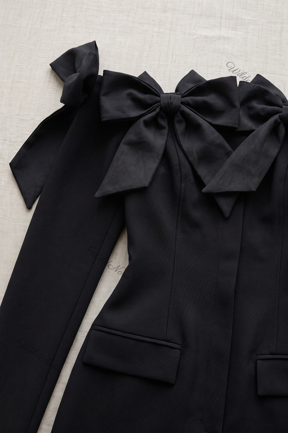Black Structured Blazer Mini Dress with Off-Shoulder Bows black structured woven suiting blazer mini dress - product view 7
