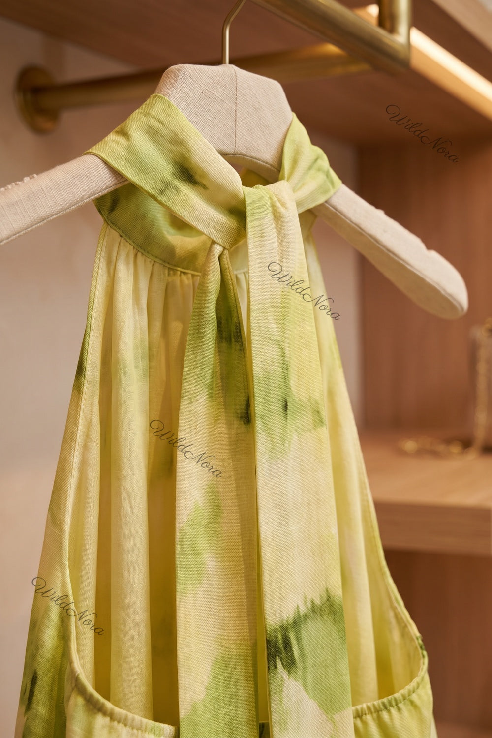 Pale Yellow Linen-Blend A-Line Tiered Blouson Mini Dress pale yellow, lime green linen-blend dress - product view 7
