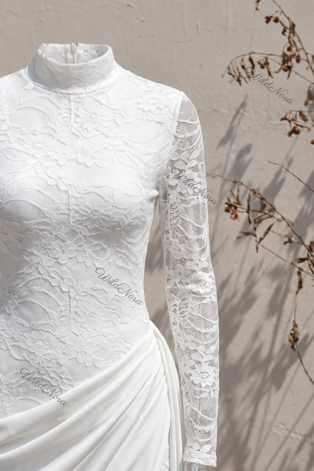 White Floral Lace Column Dress with Asymmetrical Draped Overlay white floral lace dress - product view 7