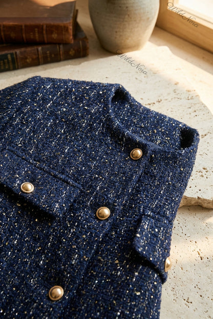 Navy Blue Tweed Boxy Cropped Jacket navy blue tweed jacket - product view 7