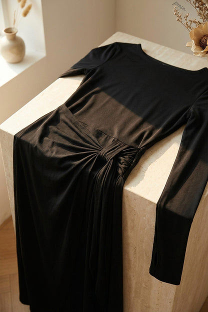 Black Stretch Jersey Maxi Dress with Draped Skirt and Thumbhole Sleeves black stretch jersey knit maxi dress - product view 7