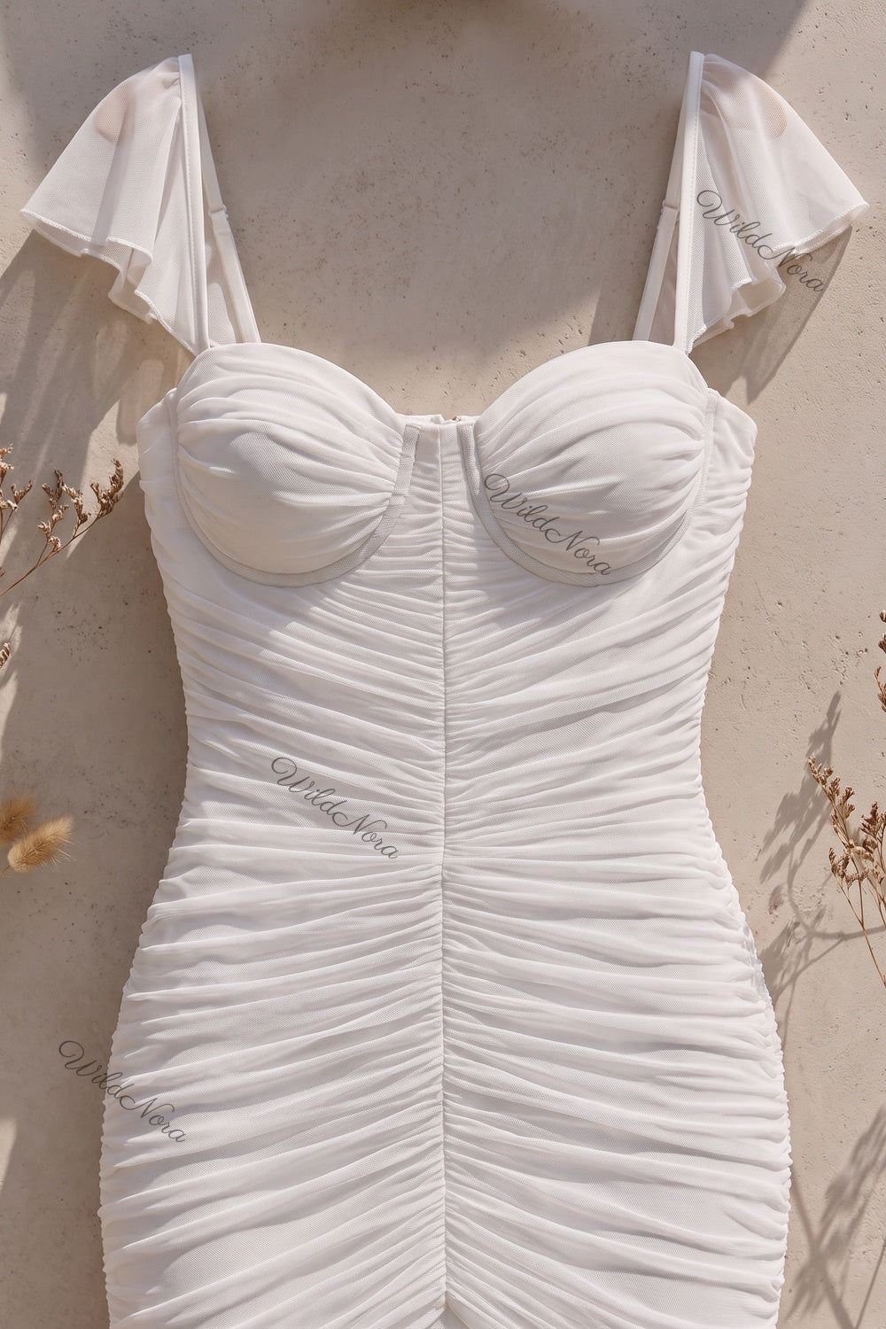 WildNora White Mermaid Ruched Mesh Gown white mesh gown - product view 7