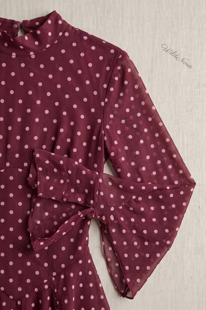Burgundy Polka Dot Chiffon Fit-and-Flare Mini Dress burgundy sheer chiffon dress - product view 7