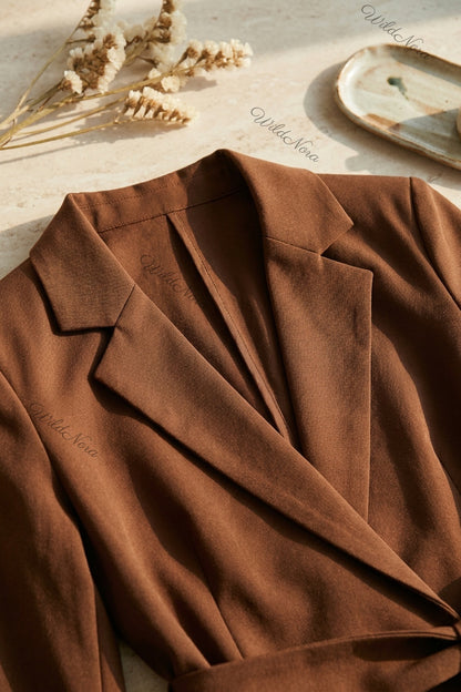 Medium Brown Mid-Weight Woven Two-Piece Pantsuit with Wrap-Front Blazer & Straight-Leg Trousers medium brown mid-weight woven suiting two-piece pantsuit - product view 7