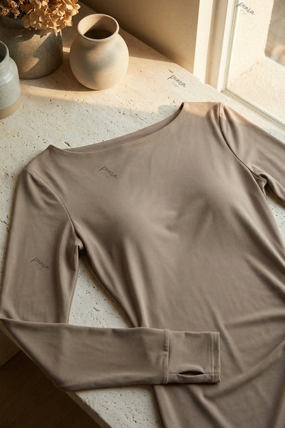 Taupe Stretch Jersey Knit Slim-Fit Bodice with Draped Skirt Maxi Dress taupe, milk tea brown stretch jersey knit maxi dress - product view 7