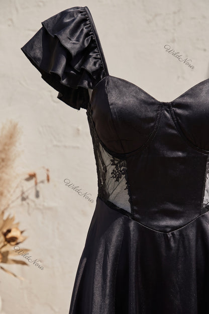 Black Satin Fit-and-Flare Mini Dress with Ruffled Cap Sleeves and Sheer Lace black satin dress - product view 7