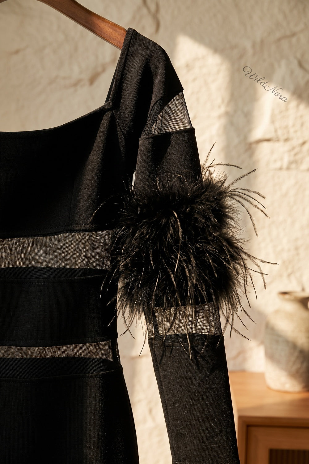 Black Structured Stretch Knit Sheath Dress with Feather Trim black heavy structured stretch knit dress - product view 7
