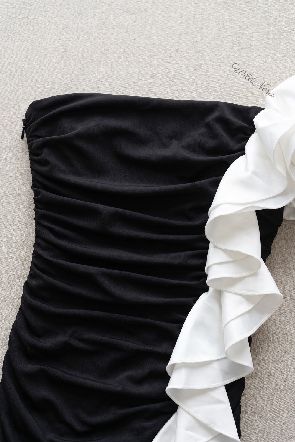 Black Synthetic Stretch Jersey Column Evening Gown with White Ruffle Trim black synthetic stretch jersey evening gown - product view 7