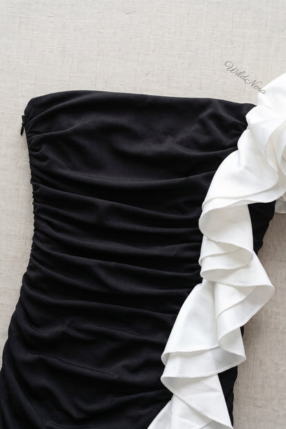 Black Synthetic Stretch Jersey Column Evening Gown with White Ruffle Trim black synthetic stretch jersey evening gown - product view 7