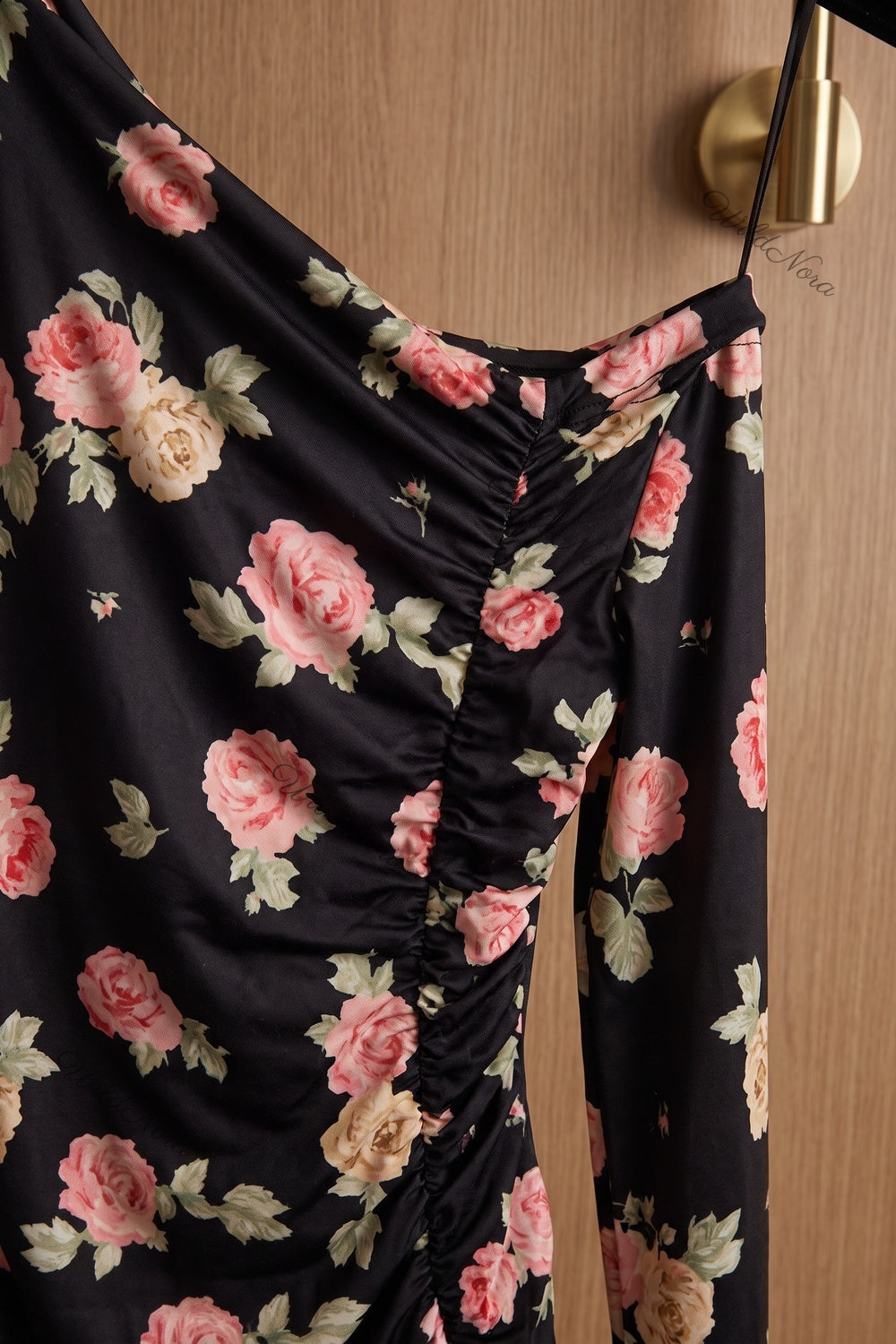 Black Floral Bodycon Midi Dress with Asymmetrical Off-the-Shoulder black stretch knit dress - product view 7