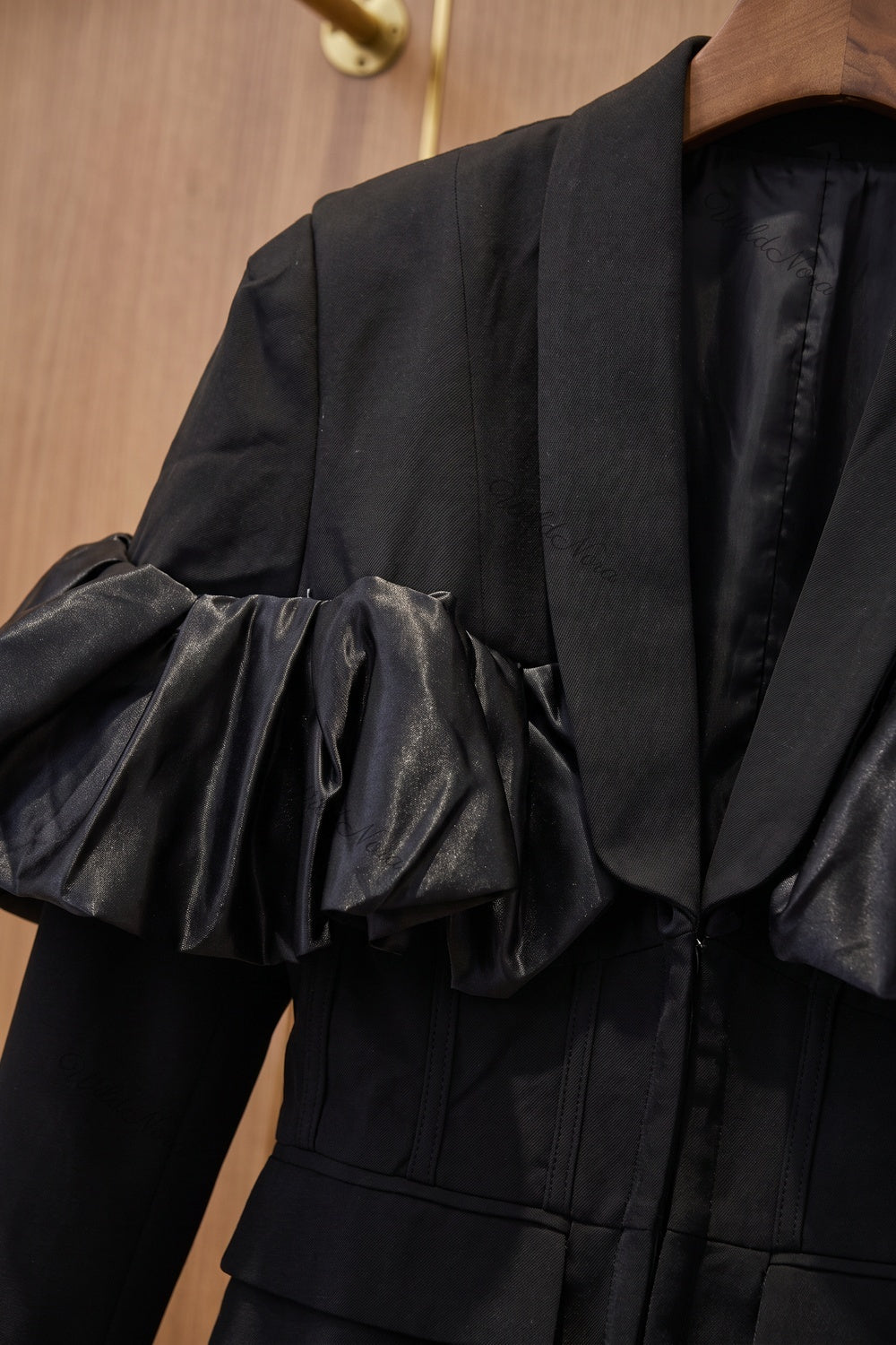 Black Tailored Blazer with Satin Ruffle Detail black woven suiting blazer - product view 7