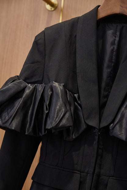 Black Tailored Blazer with Satin Ruffle Detail black woven suiting blazer - product view 7