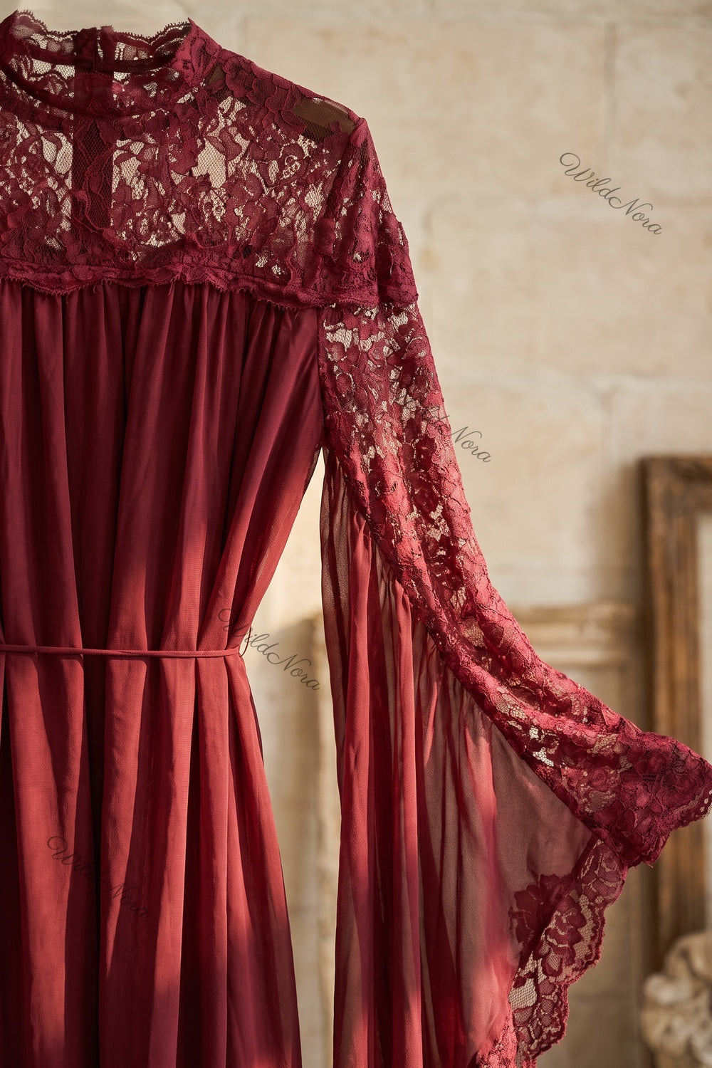 Burgundy Chiffon Cape Sleeve Maxi Dress with Floral Lace Yoke Burgundy Chiffon Maxi dress with cape overlay - product view 7