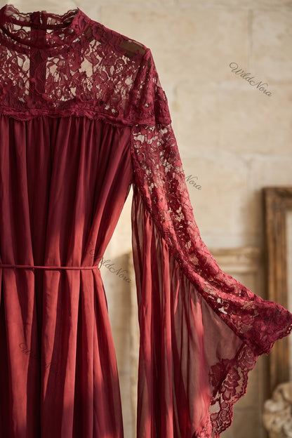 Burgundy Chiffon Cape Sleeve Maxi Dress with Floral Lace Yoke Burgundy Chiffon Maxi dress with cape overlay - product view 7