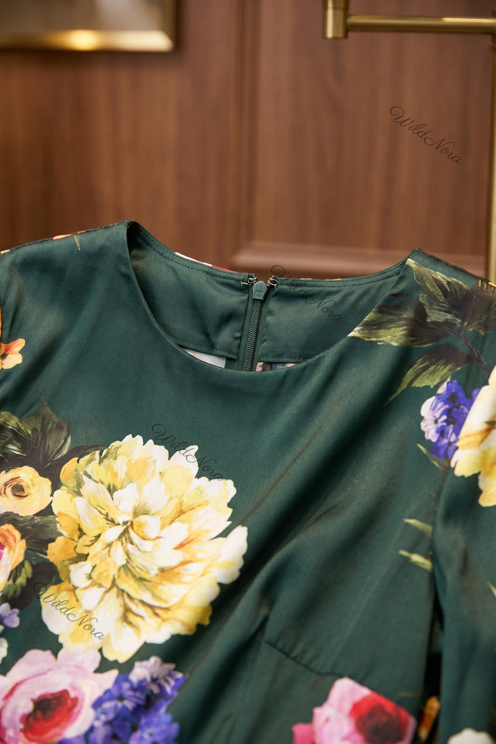 Dark Forest Green Satin Floral A-Line Midi Dress dark forest green satin dress - product view 7
