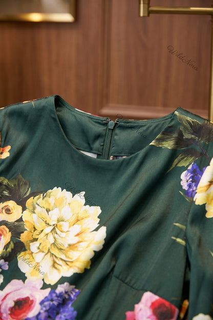 Dark Forest Green Satin Floral A-Line Midi Dress dark forest green satin dress - product view 7