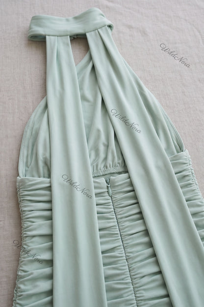 Mint Green Stretch Jersey Bodycon Midi Dress with Ruched Detail mint green stretch jersey dress - product view 7