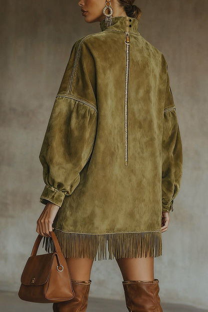 Olive Faux Suede Turtleneck Dress With Fringe Hem