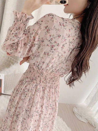 janet Classic Floral Ruffle Chiffon Dress-Yellow